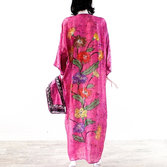 VTG 70's India Hand Blocked Long Silk Kimono - Picture 4 of 6